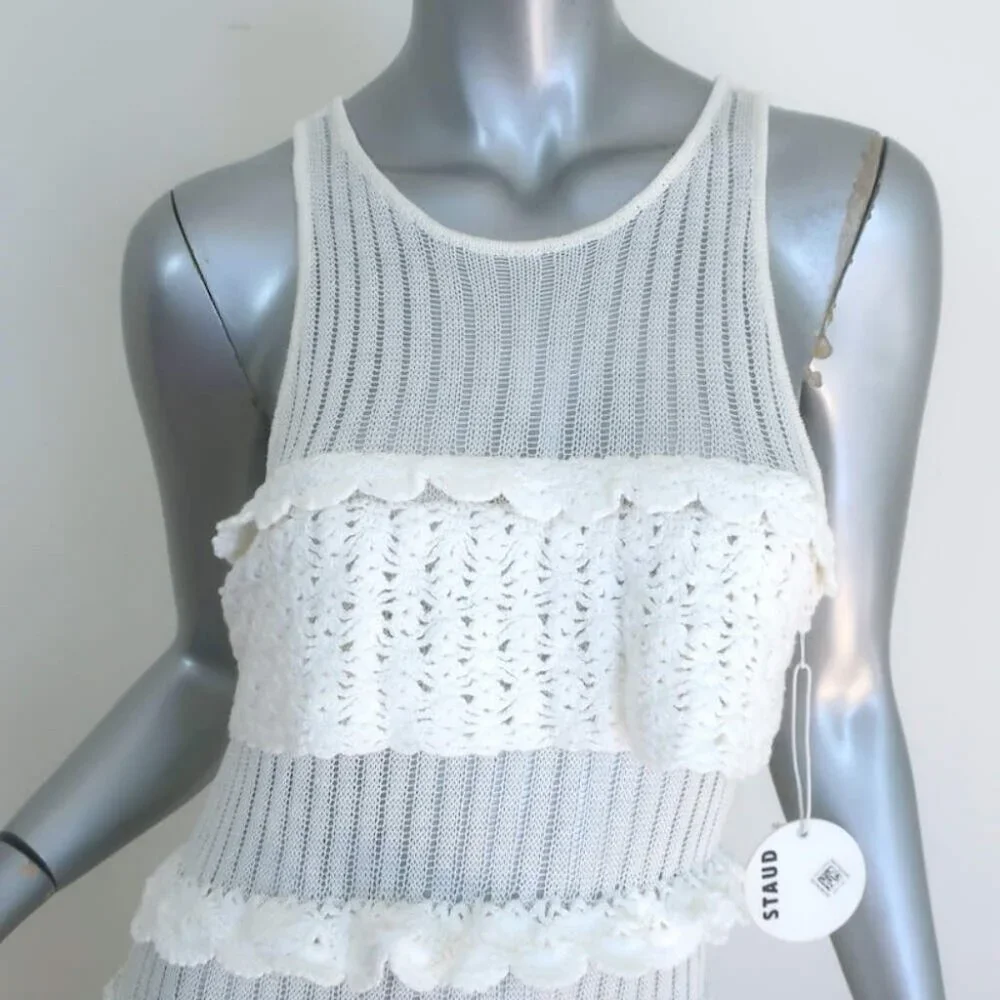 STAUD Sorrento Ruffled Crocheted Maxi Dress White Cotton-Blend Size Medium NEW - Picture 2 of 7